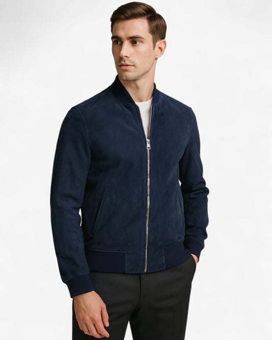 Navy Suede Bomber Jacket