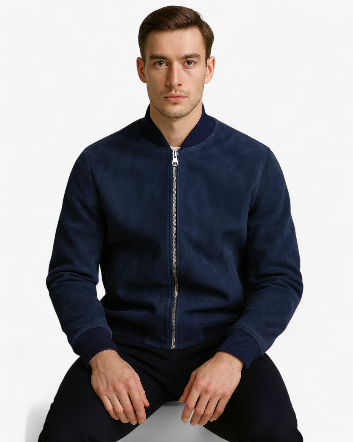 Navy Suede Bomber Jacket